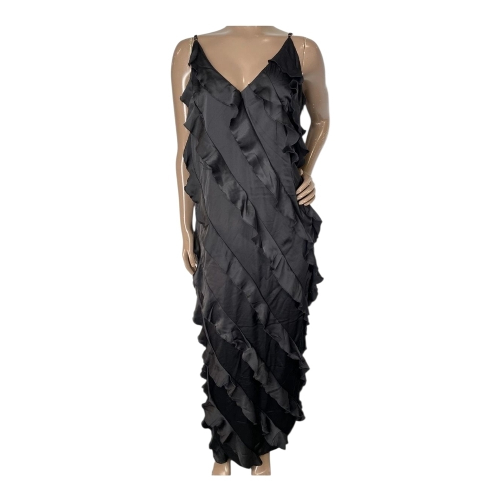 By Anthropologie Cascade Bias-Cut Ruffled Midi Dress Size Medium Black MSRP $198